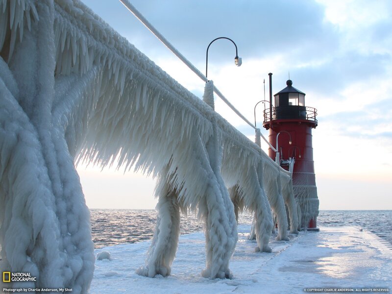 Frozen lighthouse pier