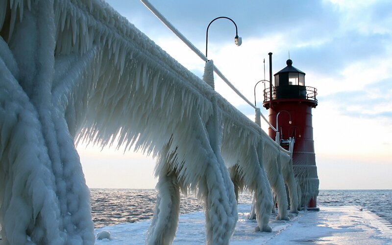 Frozen Lighthouse Pier — Red, Cold, Winter, Photograph