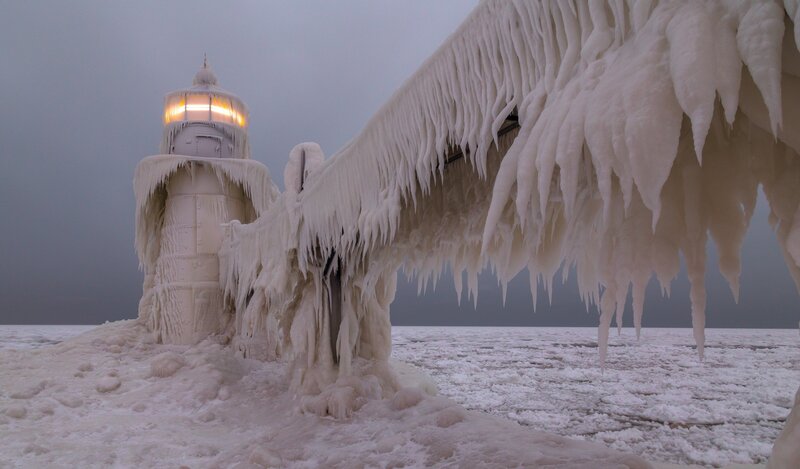 Frozen Lighthouse — White, Cold, Winter, Photograph, Ice, Snow