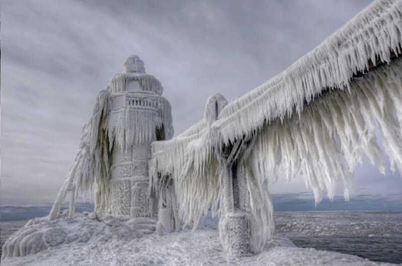 Frozen Lighthouse — White, Cold, Winter, Photograph, Icicles