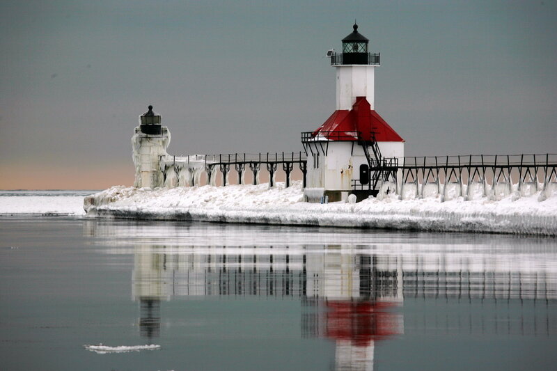 Frozen Lighthouses on Pier