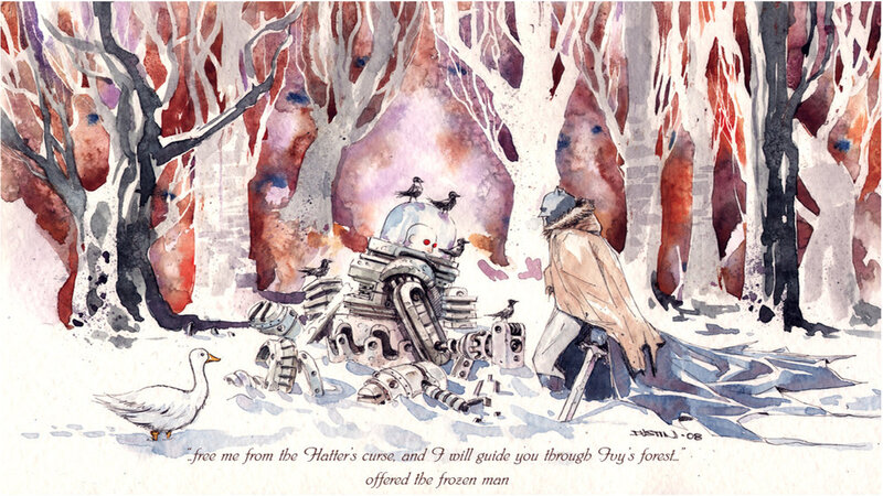frozen man in snowy forest