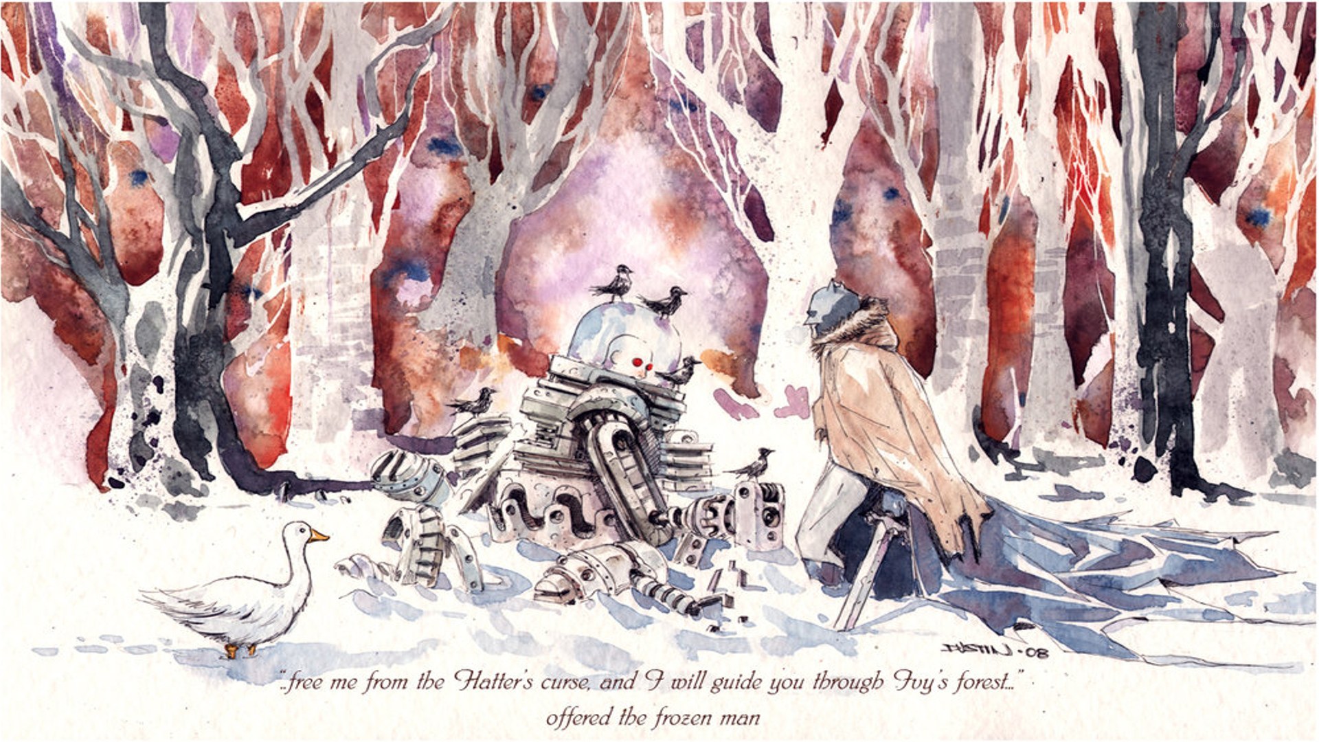 frozen man in snowy forest