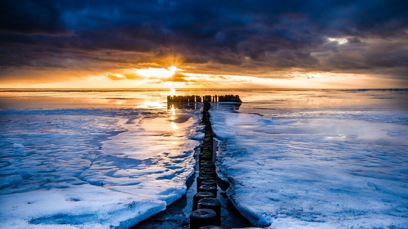 Frozen Pier at Sunset — Blue, Dramatic