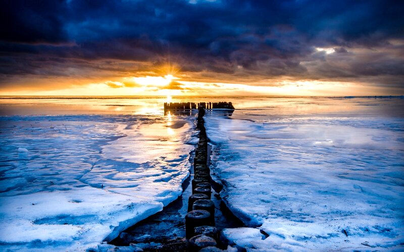 Frozen Pier at Sunset — Blue