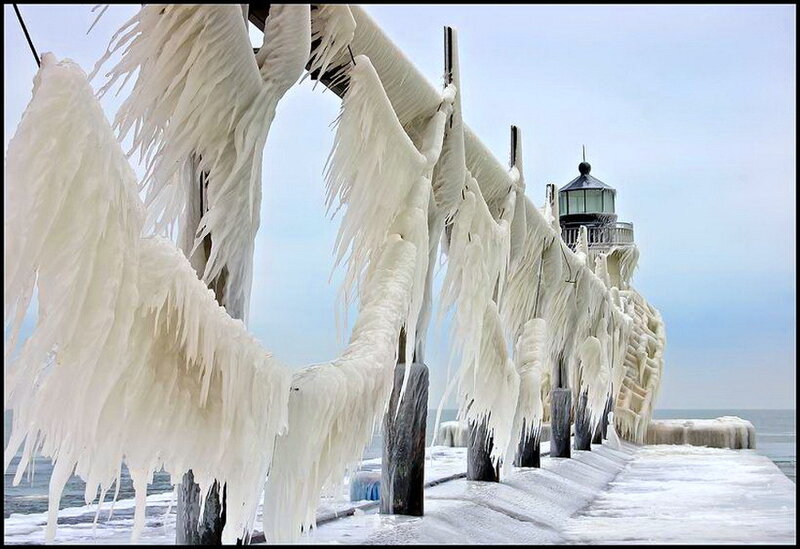 Frozen Pier with Lighthouse