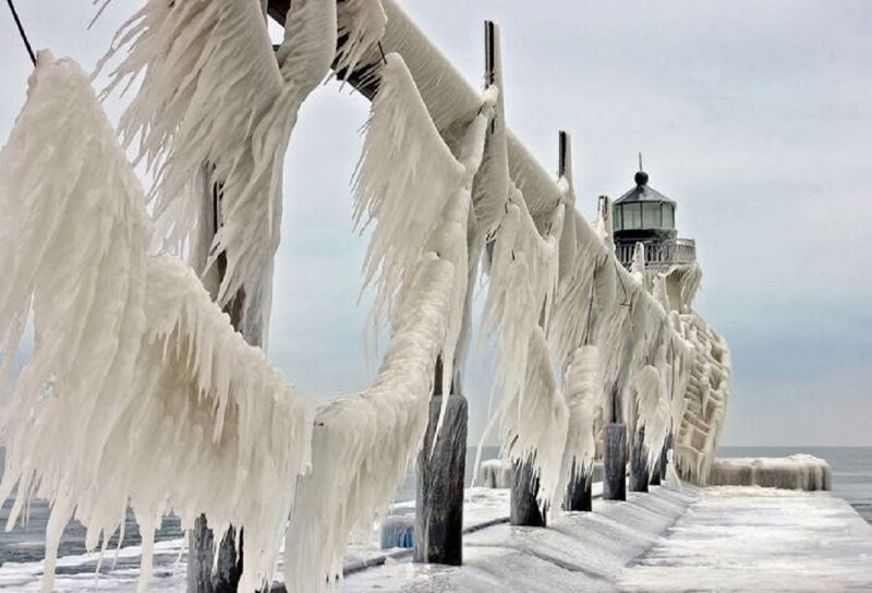 Frozen Pier with Lighthouse — White