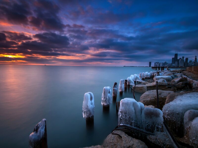 Frozen Pilings at Sunset — Blue
