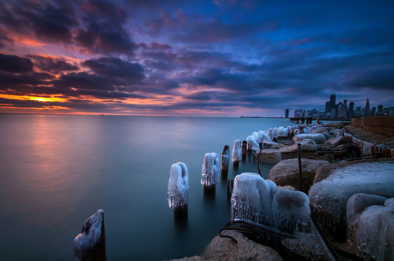 Frozen Pilings at Sunset