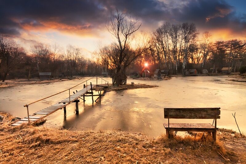 Frozen Pond at Sunset — Orange, Dramatic, Photograph, Bench