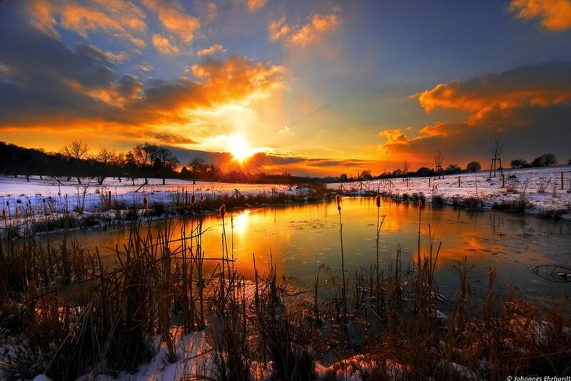 Frozen Pond at Sunset — Orange, Dramatic, Photograph, Snow