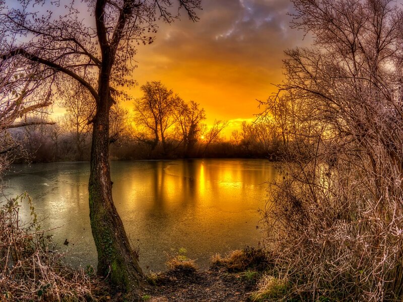 Frozen Pond at Sunset — Orange, Dramatic, Photograph, Trees, Sky