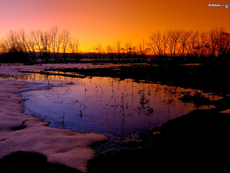 Frozen Pond at Sunset — Orange, Dramatic, Photograph, Trees, Snow, Sky