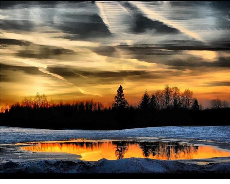 Frozen Pond at Sunset — Orange, Dramatic, Photograph, Trees