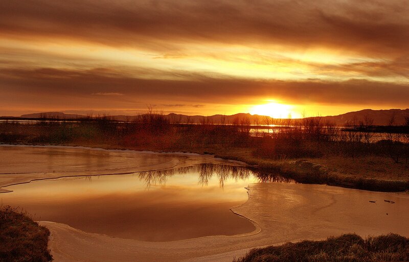 Frozen Pond at Sunset — Orange, Dramatic