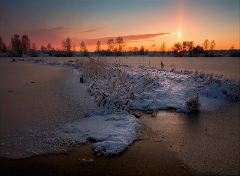 Frozen Pond at Sunset — Orange, Serene