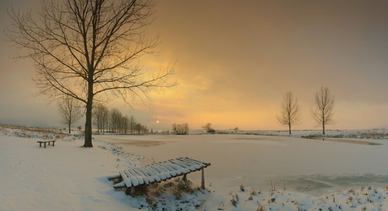 Frozen Pond at Sunset — Yellow