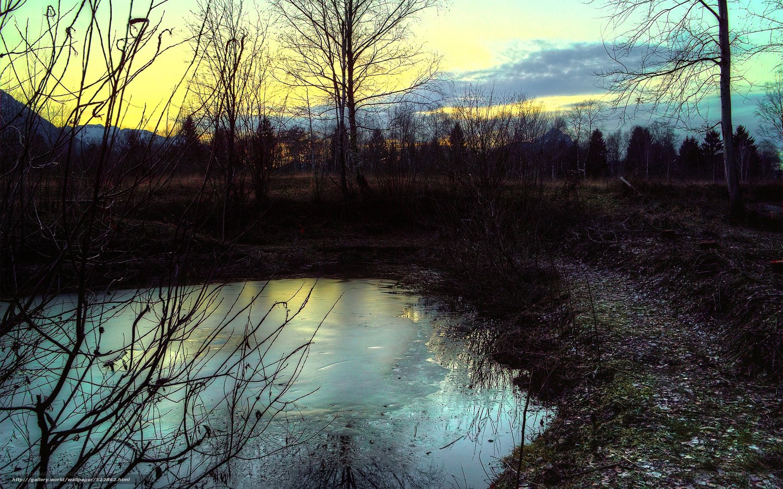 Frozen pond at sunset