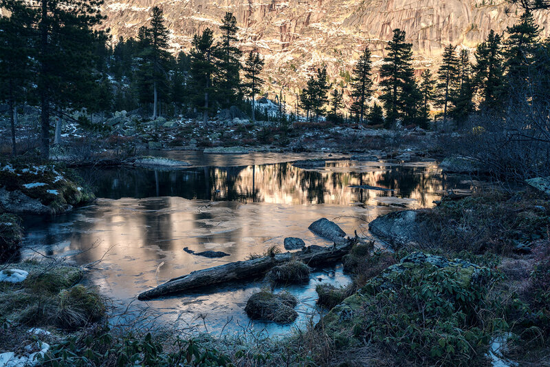Frozen Pond in Forest — Blue, Serene