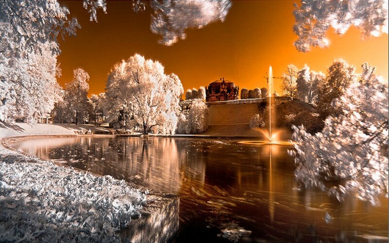 Frozen Pond with Fountain — Orange, Dramatic