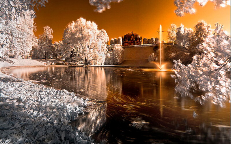 Frozen Pond with Fountain — Orange