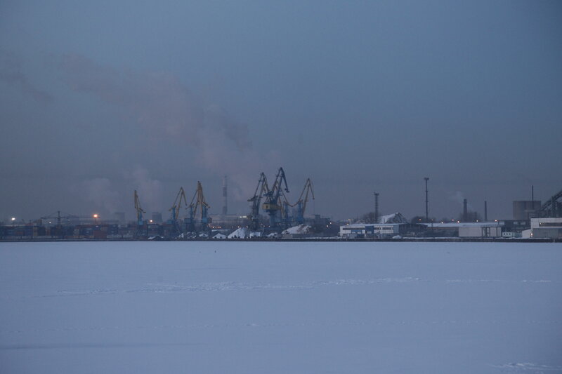 Frozen port at dusk