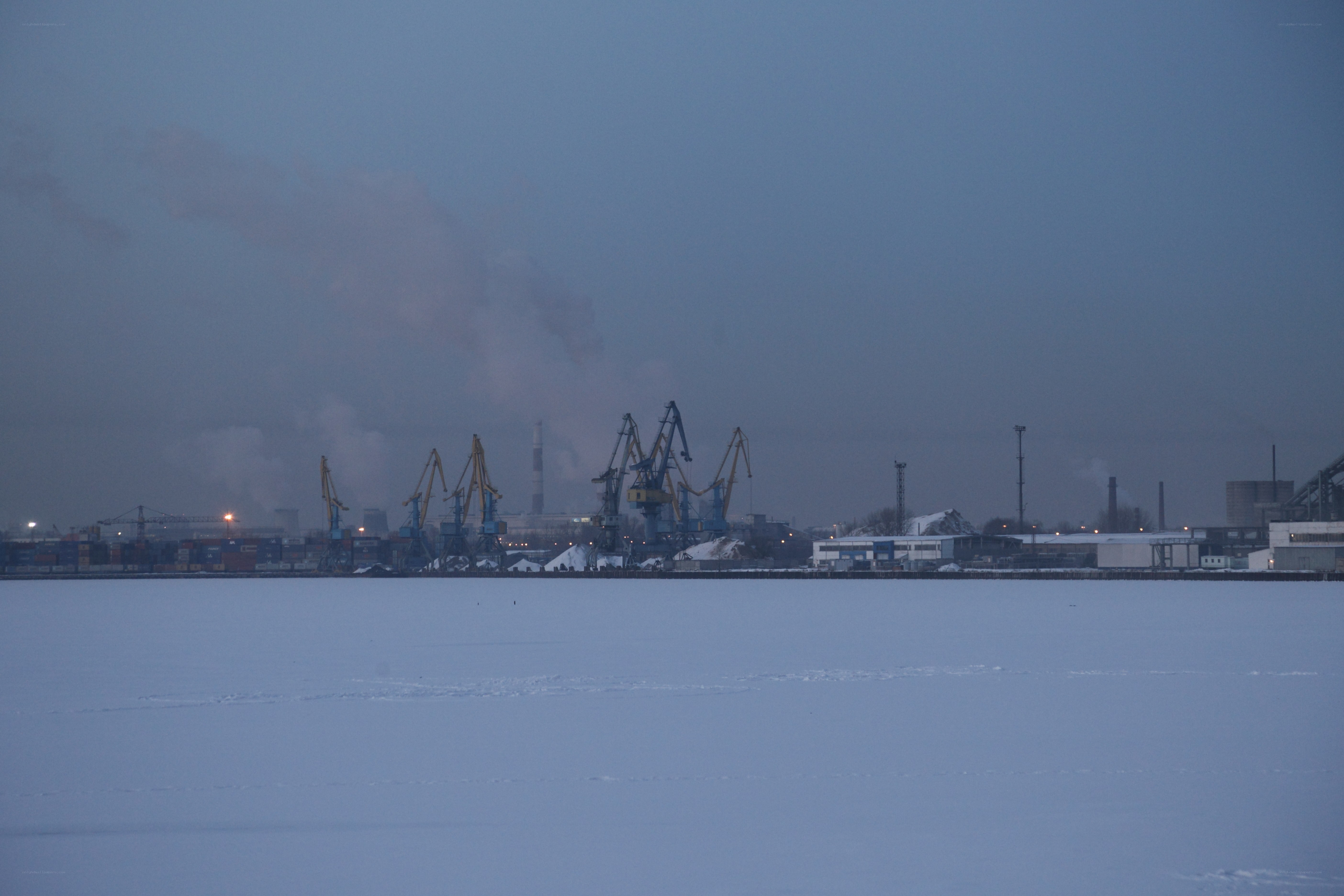 Frozen port at dusk
