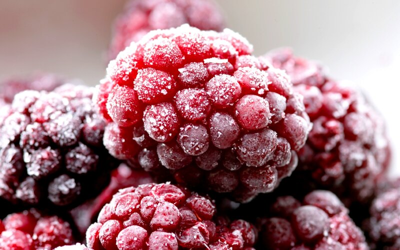 Frozen Raspberries — Red, Cool, Photograph, Berries, Ice Crystals