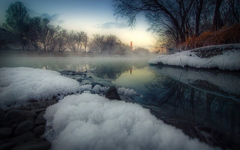 Frozen River at Dawn — Blue, Serene, Winter, Photograph