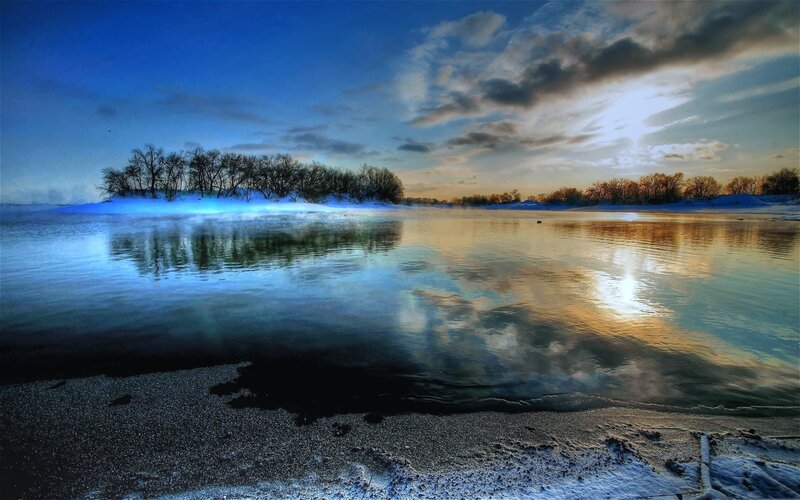 Frozen River at Dusk — Blue, Dramatic