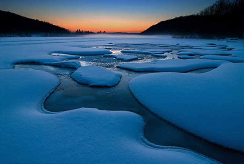 Frozen River at Dusk — Blue, Serene, Winter, Photograph