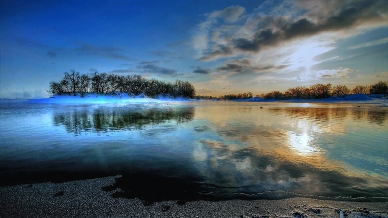 Frozen River at Dusk — Blue, Serene, Winter, Photograph, Trees
