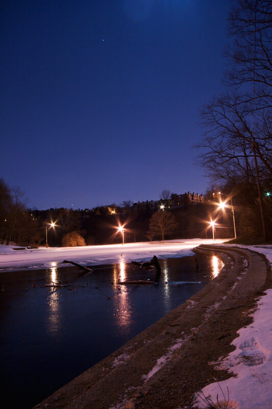 frozen river at night