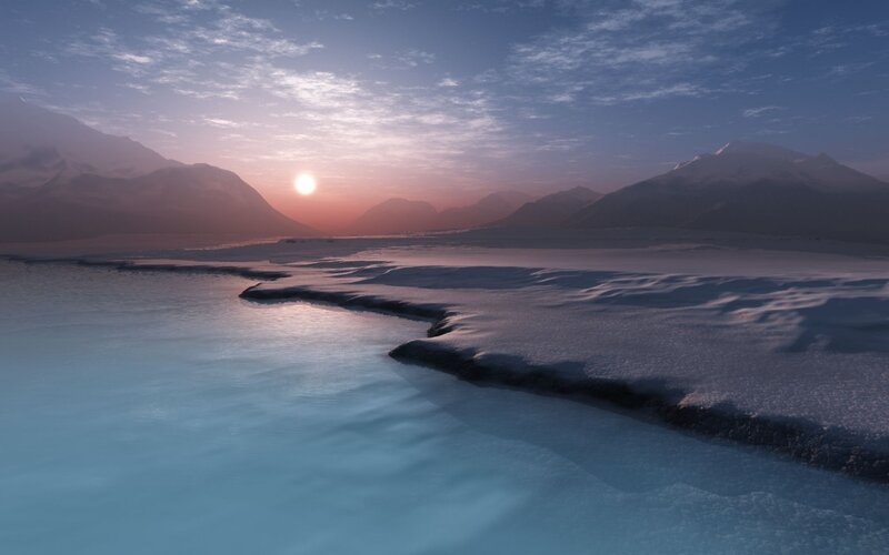 Frozen River at Sunrise — Blue, Serene, Digital Art