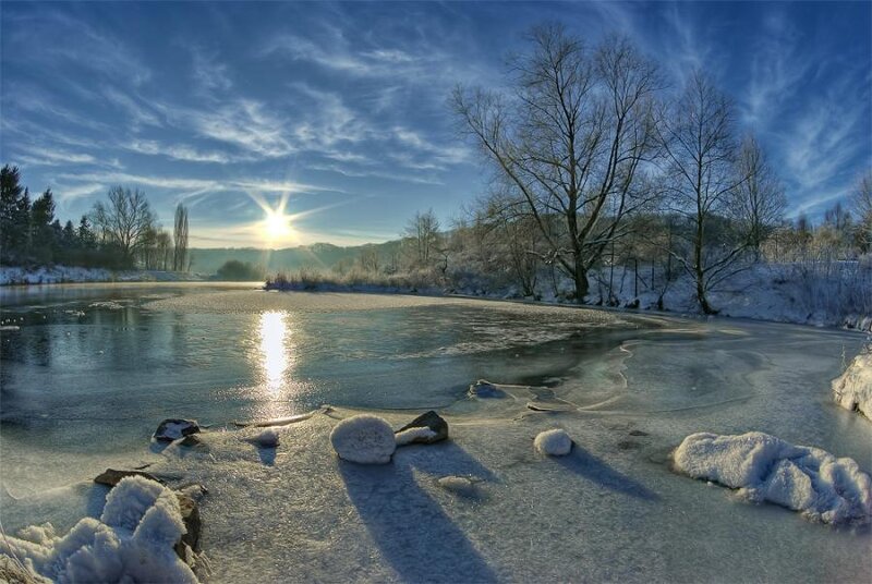 Frozen River at Sunrise — Blue, Serene