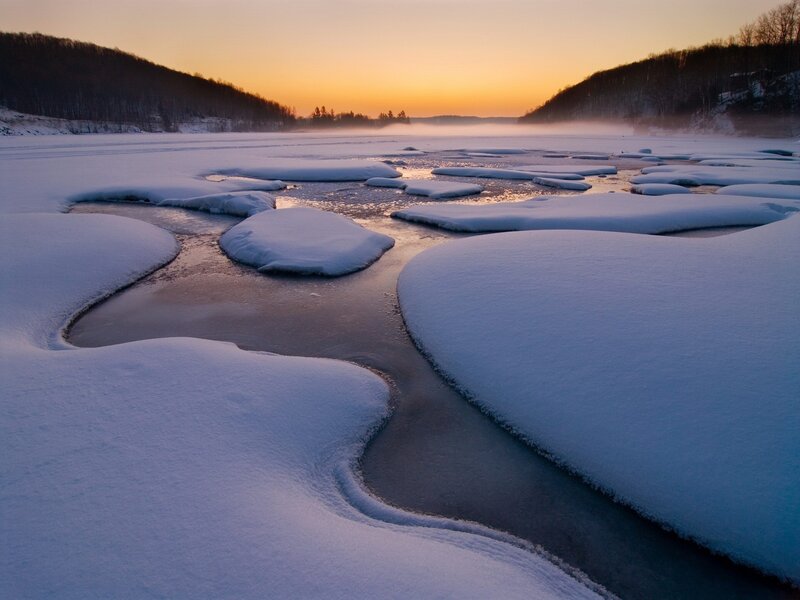 Frozen River at Sunrise — Blue, Serene, Winter, Photograph, Snow, Ice