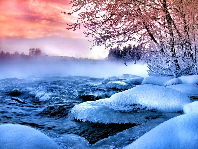 Frozen River at Sunrise — Blue, Serene, Winter, Photograph, Snow, Trees, Mist