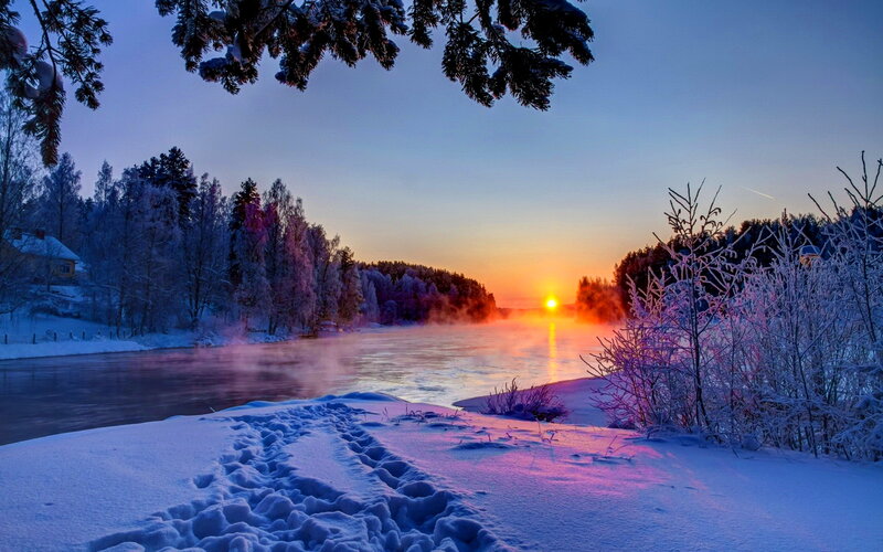 Frozen River at Sunrise — Blue, Serene, Winter, Photograph, Snow, Trees, Sun
