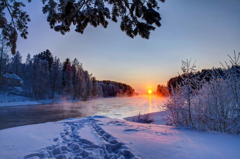 Frozen River at Sunrise — Blue, Serene, Winter, Photograph, Snow, Trees