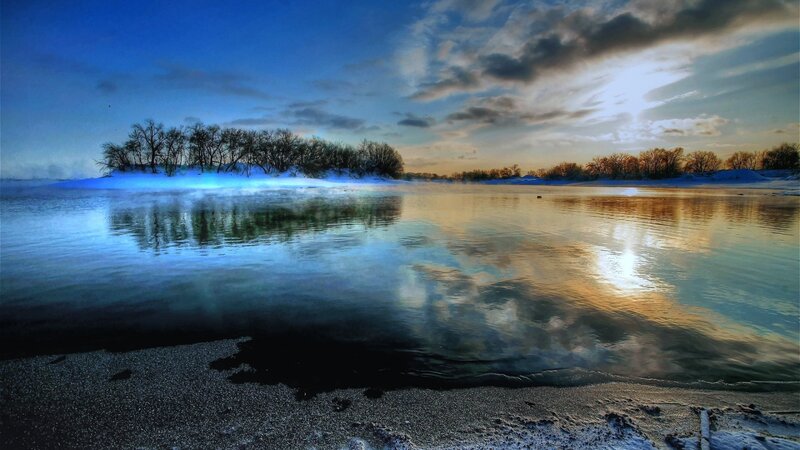 Frozen River at Sunrise — Blue, Serene, Winter, Photograph, Trees, Snow