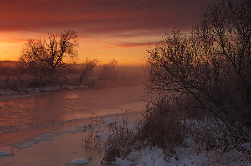 Frozen River at Sunrise — Orange, Serene
