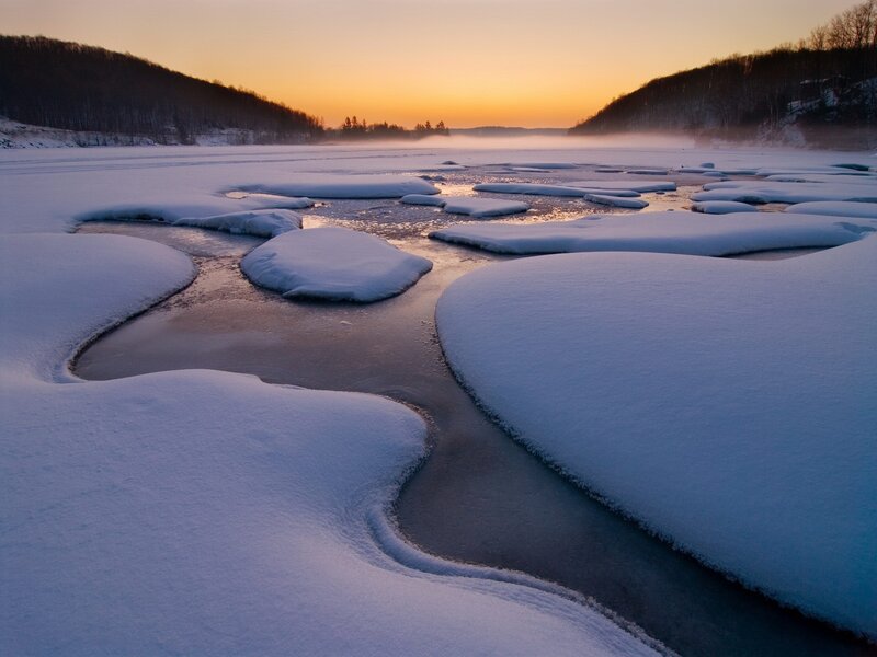 Frozen River at Sunrise — White, Serene, Photograph