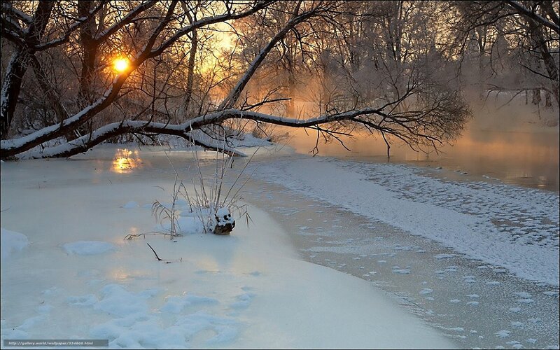 Frozen River at Sunrise — White, Serene, Winter, Photograph