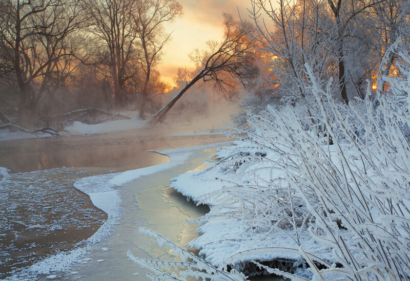 Frozen River at Sunrise — White, Serene, Winter