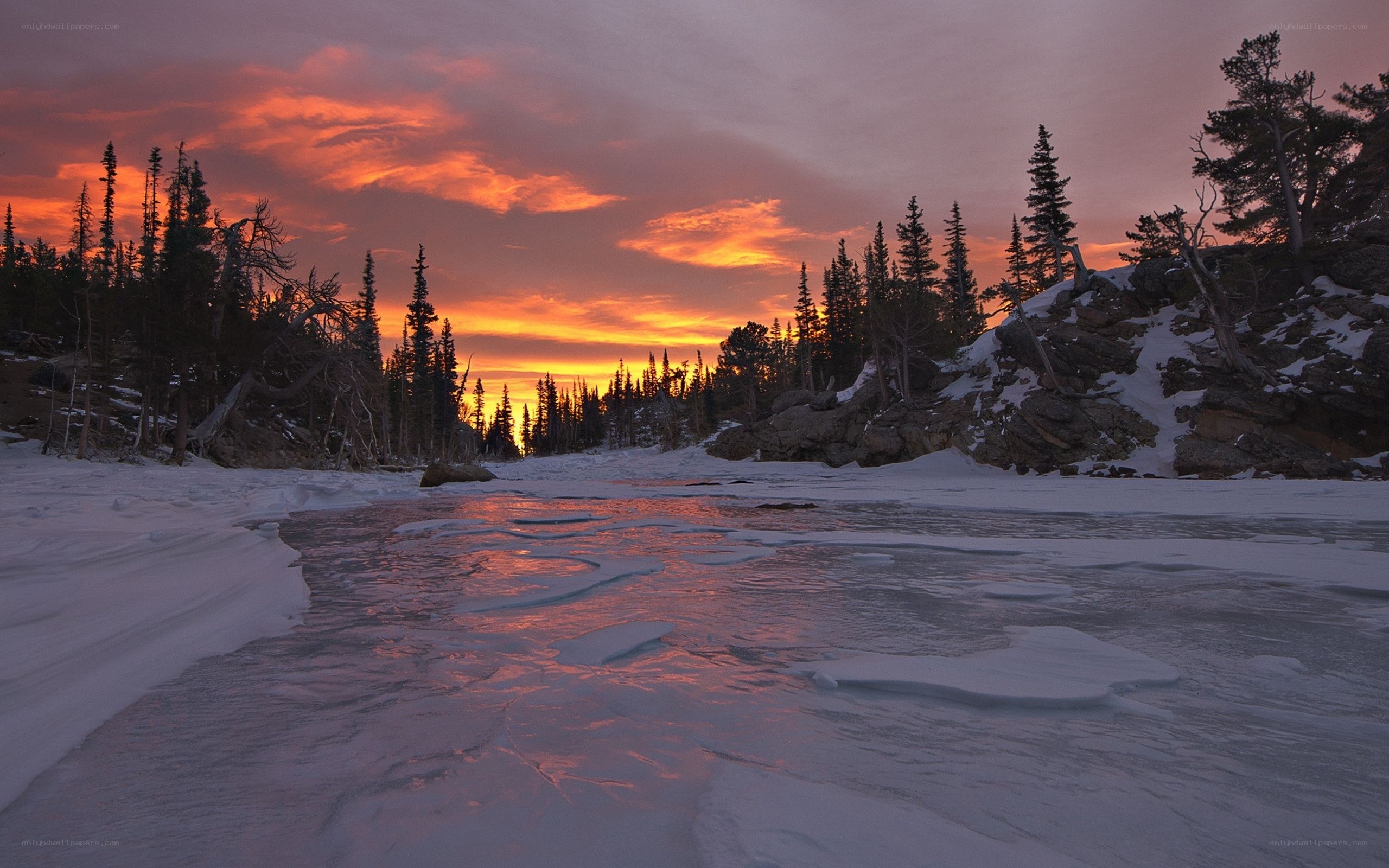 Frozen river at sunset