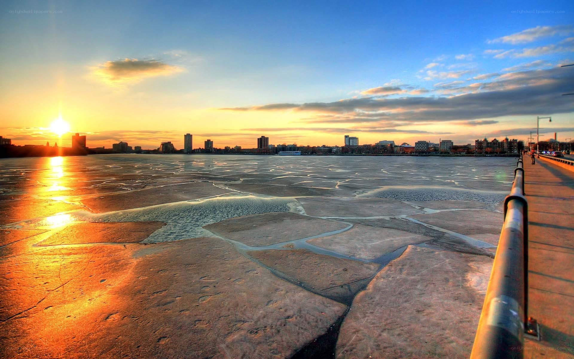 Frozen river at sunset