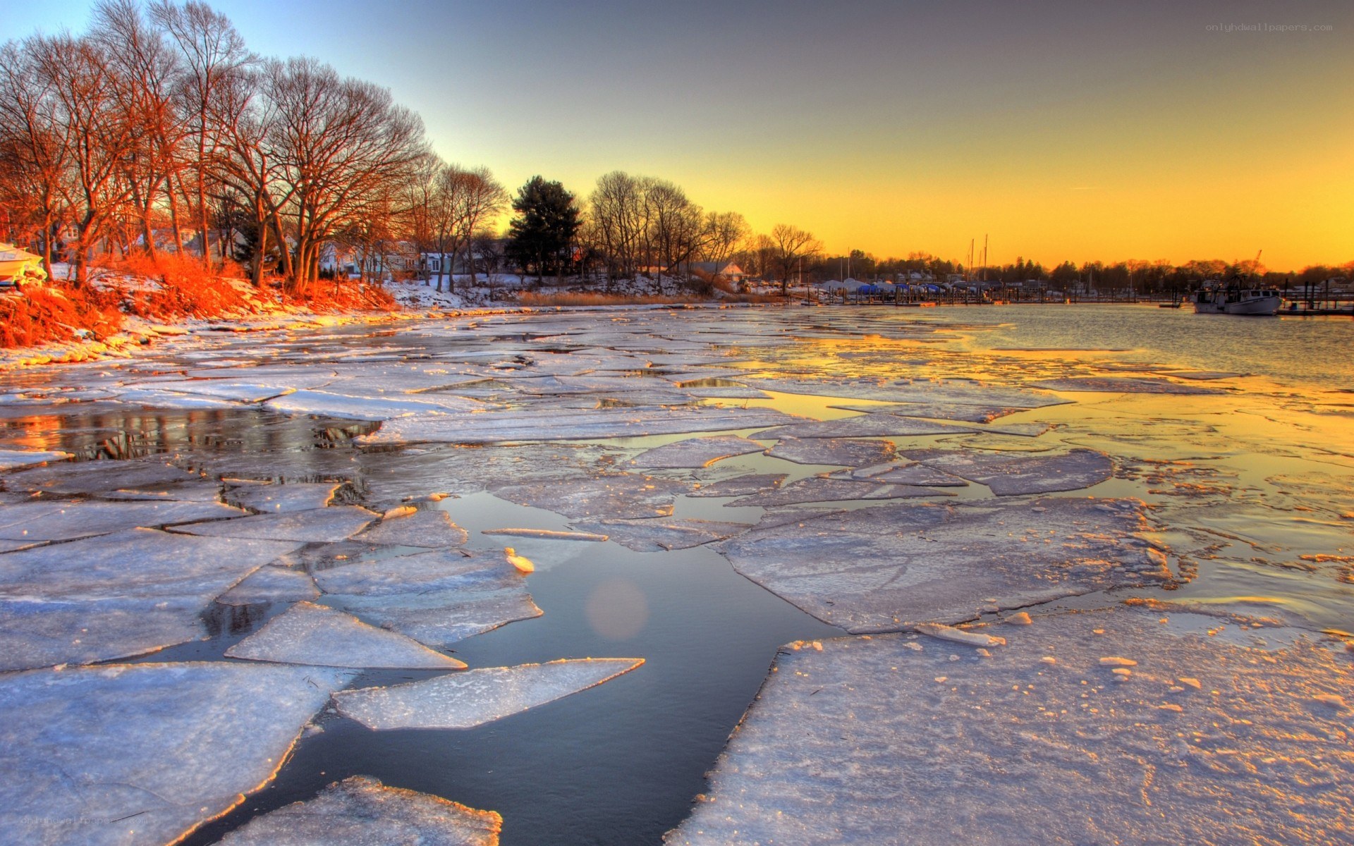 Frozen river at sunset