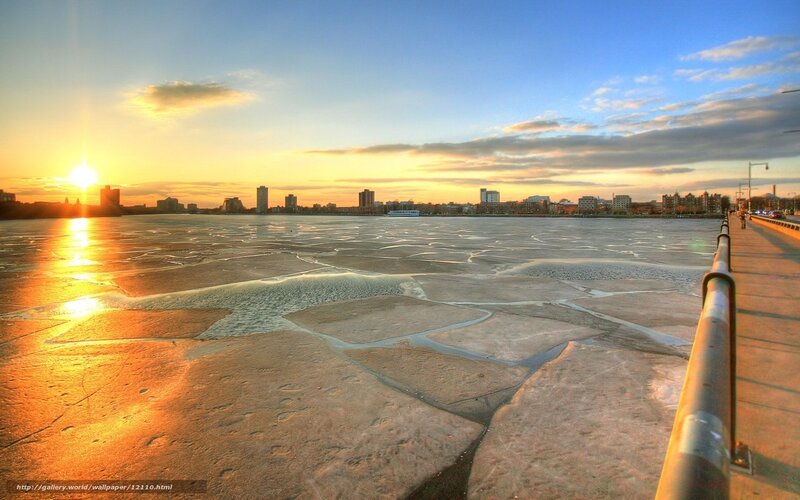 Frozen river at sunset