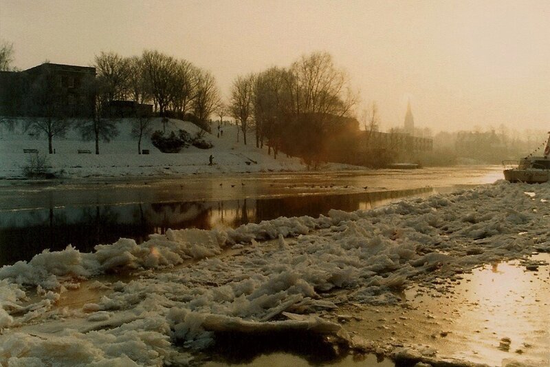Frozen river at sunset