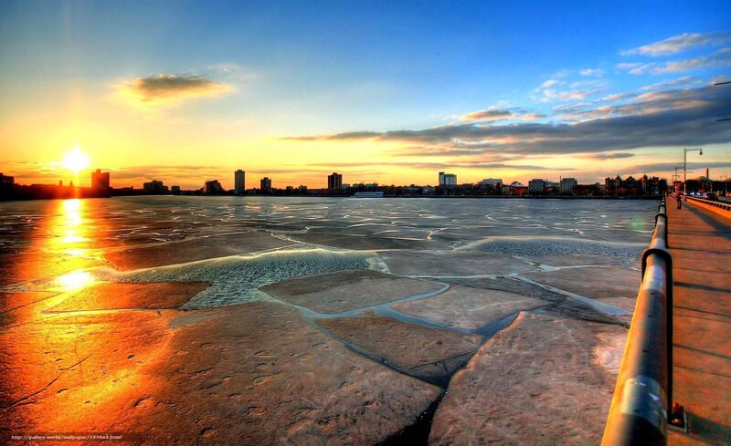 Frozen River at Sunset — Blue, Dramatic, Photograph, City Skyline